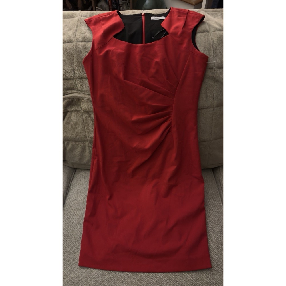 Calvin‎ Klein Red Horseshoe Neck Ruched Sheath Dress Holiday Christmas Size 8